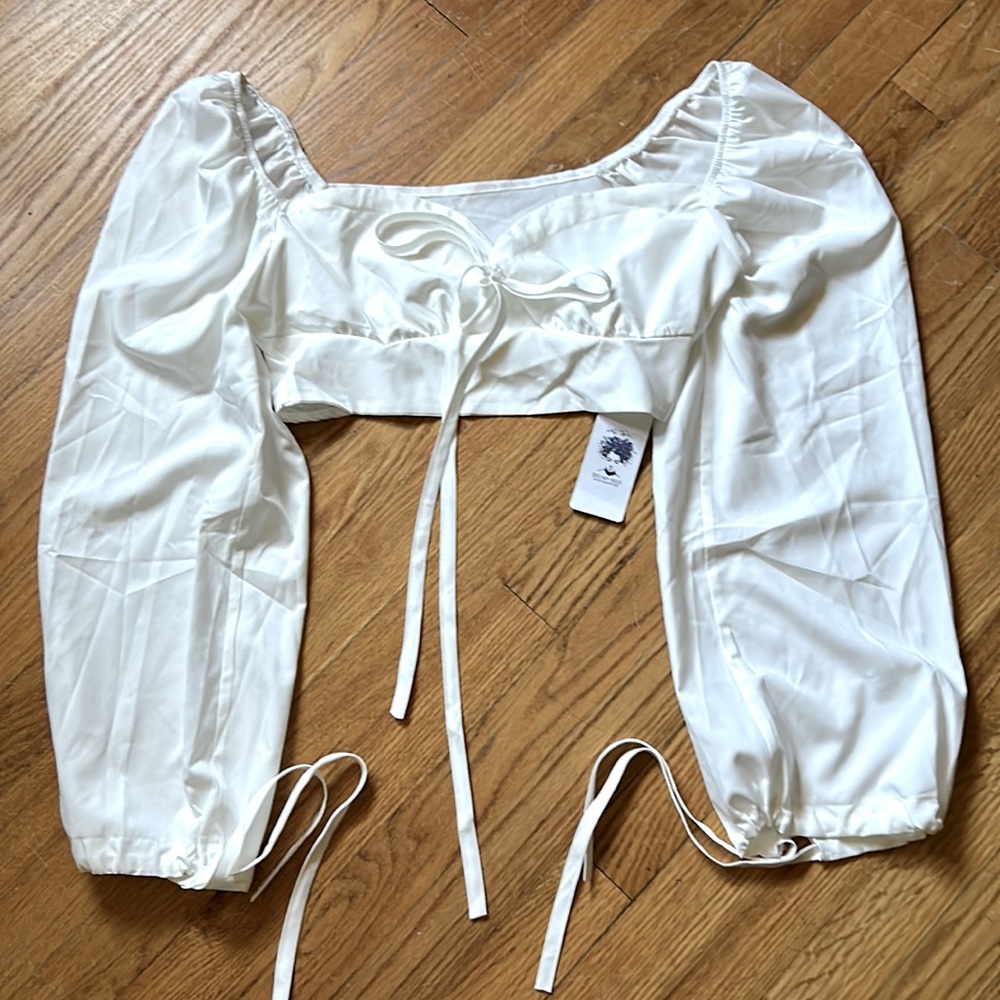 NWT DO MYSELF White Crop Corset Top Puffy Sleeve Tie Zipper Blouse Sz Medium
